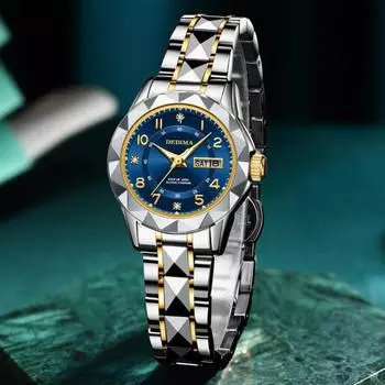 Модные женские часы с двойным календарем и бриллиантами, кристалл, креативный дизайн огранки циферблата, водонепроницаемые, светящиеся, из нержавеющей стали, женские кварцевые часы чёрный