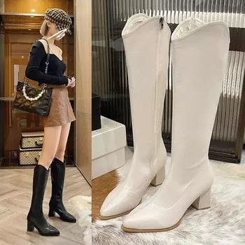 Модные женские черные бежевые высокие каблуки-сапоги, новые зимние теплые сапоги до колена, мягкие кожаные сапоги с V-образным вырезом и высокой горловиной 38