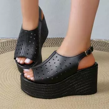 Модные женские черные босоножки с открытой пяткой и пряжкой сбоку, женские туфли на толстой подошве, женские туфли на танкетке, большой размер 42 35 чёрный