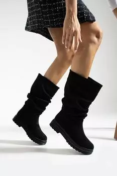 Модные женские черные замшевые ботинки (Подошва 4 см.)