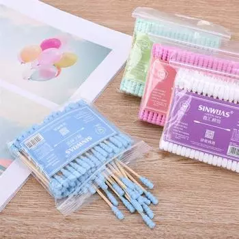 Модные женские деревянные палочки ватные тампоны 100 шт. / Упак. ватные палочки наконечник макияж одноразовые для медицинских инструментов для ухода за здоровьем с двойной головкой для чистки носа и ушей синий