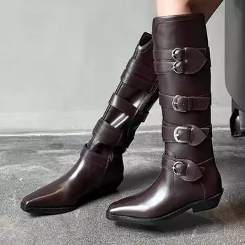Модные женские дизайнерские кожаные высокие сапоги с острым носком на плоской подошве с пряжкой, женские зимние сапоги 2024 года, новые зимние женские мотоциклетные ботинки 35 чёрный