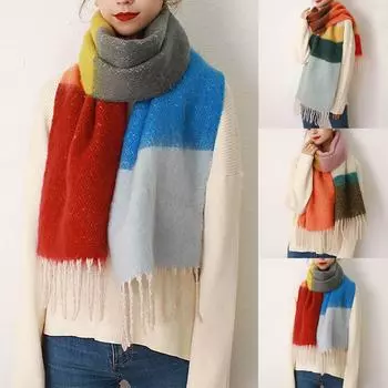 Модные женские длинные полосатые цветные шарфы с кисточками, теплые шарфы, шарфы с принтом One Size оранжевый