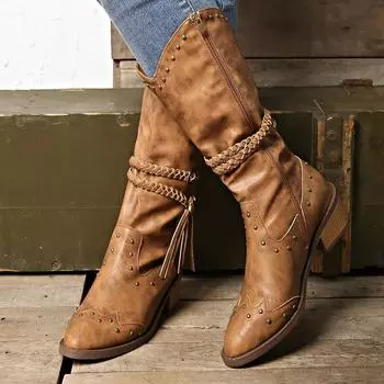Модные женские длинные сапоги в стиле ретро с острым носком, рыцарские сапоги, осенне-зимние, средний толстый каблук, модные женские туфли с пряжкой на ремне, размер 36-42 36 коричневый