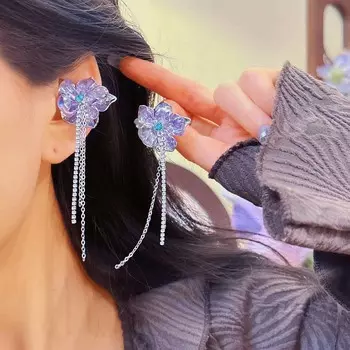 Модные женские длинные серьги-подвески с кисточками, фиолетовые кристаллы, циркон, цветок, клипса для ушей, свадебная вечеринка, ювелирные изделия, подарок как