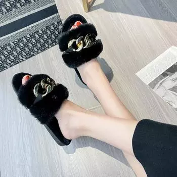 Модные женские домашние тапочки с цепочкой, однотонные, с открытым носком, для дома, зимние, на плоской подошве, нескользящие, для отдыха, для интерьера, женская обувь 36-37 бежевый