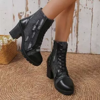 модные женские джинсовые модные черные сапоги на высоком каблуке с толстой подошвой весна и лето удобные мягкие кожаные сапоги с толстой подошвой 35 чёрный