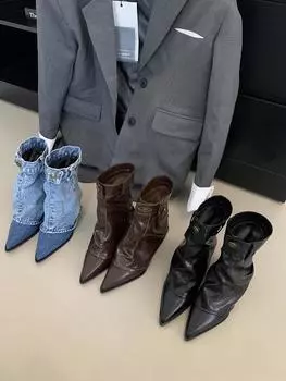 Модные женские джинсовые сапоги до середины голени Модные остроносые черные синие туфли на пуговицах Тонкие средние каблуки Сексуальные женские сапоги-челси Размер 35-39 Туфли-лодочки 7 синий