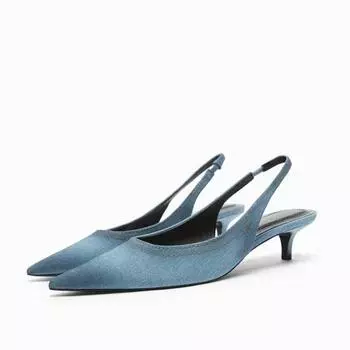 Модные женские джинсовые туфли-лодочки с открытой пяткой, удобные босоножки с острым носком, простые туфли на среднем каблуке, элегантные офисные женские туфли на каблуке 35
