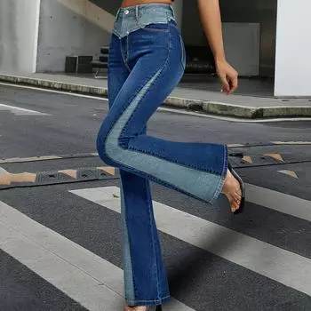 Модные женские джинсы из микро-денима, модные джинсы Splicing Collision Color с высокой талией, тонкие и с высокой драпировкой, с чувством похудения L синий