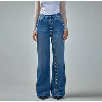 Модные женские джинсы прямого покроя с несколькими пуговицами в стиле ретро, весна 2025, новые широкие брюки с высокой талией, женские джинсы High Street S синий