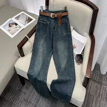 Модные женские джинсы с двойными карманами, прямые джинсы, новые элегантные свободные универсальные широкие джинсовые брюки с высокой талией, винтажные повседневные мешковатые брюки 500 S светло-синий