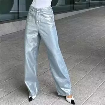 Модные женские джинсы серебристого цвета, джинсовые брюки с высокой талией, брюки y2k, повседневные свободные прямые тонкие элегантные брюки в стиле Харадзюку для бойфренда, 2023 XS серебряный
