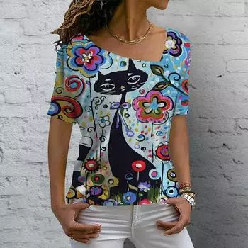 Модные женские футболки с 3D анимированным принтом кота с коротким рукавом, летние повседневные топы, свободная футболка для уличного спорта, женские футболки с v-образным вырезом, топ XS