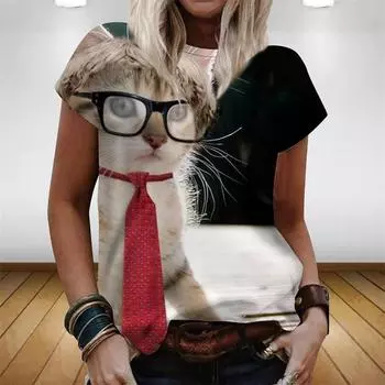 Модные женские футболки с 3D-цифровым принтом Cat Sports, удобные повседневные футболки с короткими рукавами S чёрный