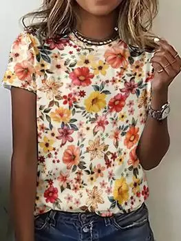 Модные женские футболки с 3D-цветочным принтом Футболка Повседневные футболки Летняя одежда Женские топы Повседневная свободная футболка Пуловер большого размера S