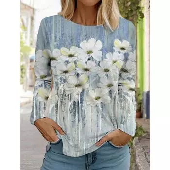 Модные женские футболки с 3D-принтом, цветочной графикой, длинным рукавом, круглым вырезом, стандартным кроем, весна/осень, тонкие рубашки в цветочек S