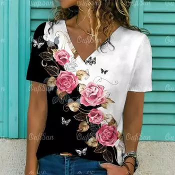 Модные женские футболки с цветочным принтом, топы с короткими рукавами и v-образным вырезом, футболки, повседневные кофты, женская футболка, одежда больших размеров S
