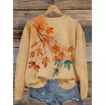 Модные женские футболки с длинным рукавом с цветочным узором «Кленовый лист» Уличная одежда Топы из полиэстера Повседневный свитер Женская одежда S