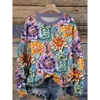 Модные женские футболки с длинным рукавом с цветочным узором «Кленовый лист» Уличная одежда Топы из полиэстера Повседневный свитер Женская одежда S