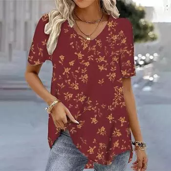 Модные женские футболки с красным принтом, элегантная блузка с цветочным принтом, топы с v-образным вырезом и короткими рукавами, футболки, женская одежда, большие размеры, S-5XL S