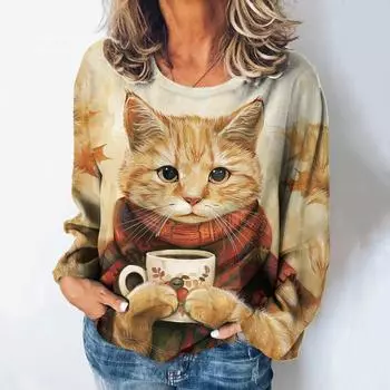 Модные женские футболки с милым принтом котенка для девочек, летние свободные повседневные футболки в стиле Харадзюку с круглым вырезом и длинными рукавами S