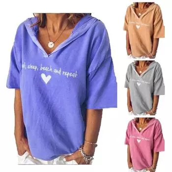 Модные женские футболки с v-образным вырезом и коротким рукавом с буквенным принтом, пуловер с капюшоном, свободные топы S синий