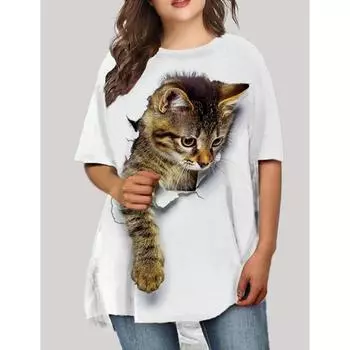 Модные женские футболки, топы большого размера, свободная уличная одежда с 3d принтом кота и круглым вырезом, женские рубашки с короткими рукавами, футболки 3XL