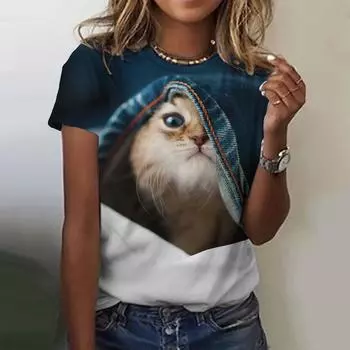 Модные женские футболки, забавные коты, женские футболки Harajuku с 3D-принтом, повседневная одежда, летние женские футболки S