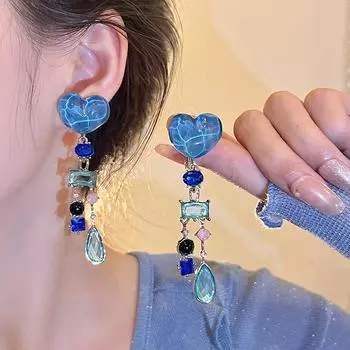 Модные женские геометрические серьги с кисточками небесно-голубого цвета в форме сердца