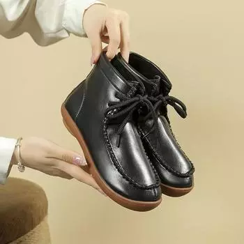 Модные женские готические короткие ботинки с мягкой подошвой, большой размер 43, повседневные, со шнуровкой, с круглым носком, легкие туфли из воловьей кожи на плоской подошве, ботильоны 36 чёрный