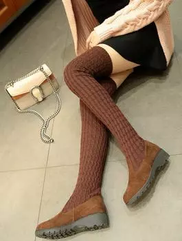модные женские хлопковые эластичные сапоги осень-зима выше колена тонкие удобные теплые туфли женские носки на танкетке сапоги сексуальные Botas Mujer 35 чёрный