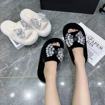 Модные женские хлопковые тапочки 2024 года, новые модные удобные туфли на толстой подошве с бантом на осень и зиму Zapatillas De Algodn Para Mujer 35 бежевый