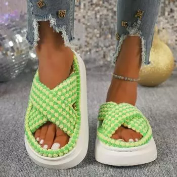 Модные женские хлопковые тапочки, новые зимние мягкие повседневные домашние тапочки с открытым носком, перекрестные тапочки, нескользящие домашние тапочки на платформе 36-37 зелёный