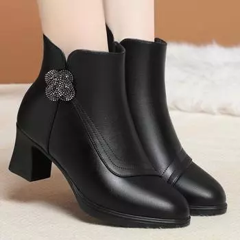 Модные женские хлопковые теплые бархатные туфли Модные короткие ботинки с острым носком Туфли на квадратном каблуке Новые удобные ботильоны на молнии 35(Foot22.5cm)