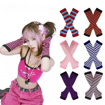 Модные женские и женские полосатые перчатки до локтя, теплые вязаные длинные перчатки без пальцев, рождественские эмо-перчатки, варежки, теплые рукавицы