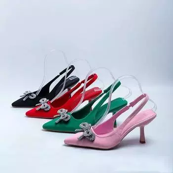 Модные женские классические повседневные сандалии 2024 года, новый стиль, острый задник, триппер, бант, вода, бриллиант, тонкий каблук, неглубокий носок, женские высокие каблуки 35 красный
