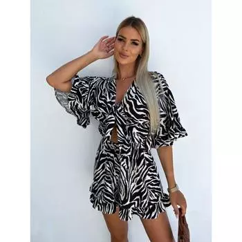 Модные женские комбинезоны с принтом в полоску зебры, расклешенные, с коротким рукавом, свободные, больших размеров, на шнуровке, бандажные, уличная одежда, комбинезоны, повседневные, праздничные, боди, одежда S чёрный