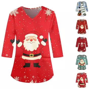 Модные женские комбинезоны с V-образным вырезом и рукавами 3/4, карманы, рождественские принты, свободные топы L