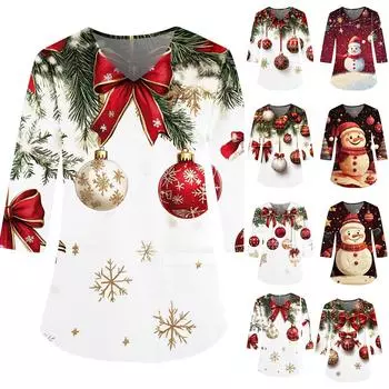 Модные женские комбинезоны с V-образным вырезом и рукавами 3/4, карманы, рождественские принты, свободные топы M