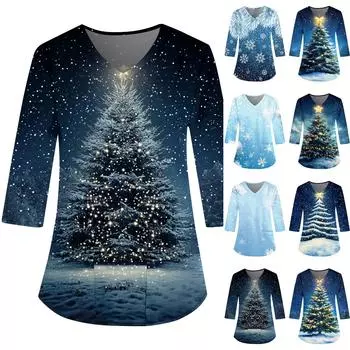Модные женские комбинезоны с V-образным вырезом и рукавами 3/4, карманы, рождественские принты, свободные топы S