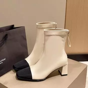 Модные женские корейские ботинки, зимние высокие каблуки с бантом и квадратным носком, ретро-ботильоны на толстом каблуке, модельные туфли, эластичные короткие Botas De Mujer 35 чёрный