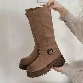 Модные женские коричневые сапоги на платформе в стиле ретро 2024 года, новые универсальные, увеличивающие рост и тонкие сапоги-рыцари 35 хаки