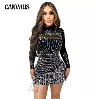 Модные женские короткие платья из сетки с длинными рукавами и пузырьковыми бусинами S чёрный