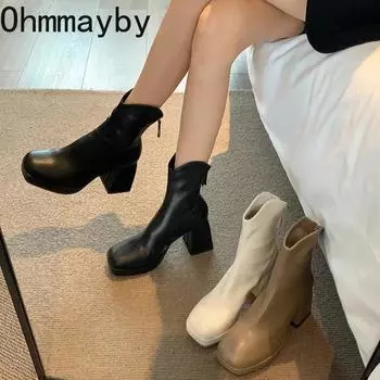 Модные женские короткие сапоги на толстом каблуке с квадратным носком, утягивающие ботильоны в стиле ретро, осенне-зимняя женская обувь 35 хаки
