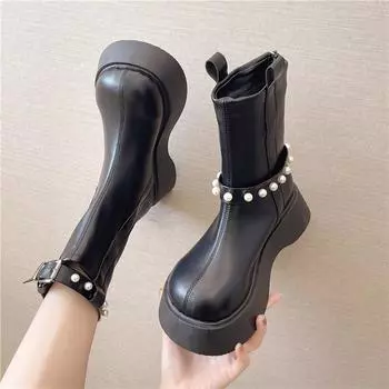 Модные женские короткие сапоги со стразами, женские, на толстом каблуке, с круглым носком, нескользящие, в британском стиле, повседневные, дымчатые, трубчатые сапоги 35 чёрный