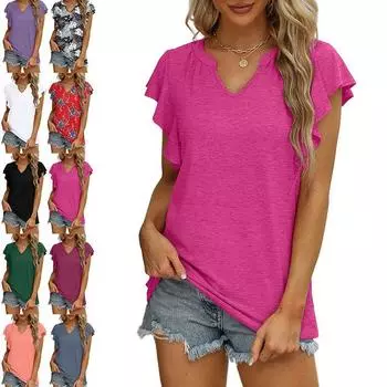 Модные женские короткие топы, винтажные однотонные свободные блузки с оборками на рукавах, элегантные женские дышащие рубашки с V-образным вырезом S розовый