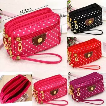 Модные женские кошельки Маленькие сумки Холст в горошек Леди Молния Сумки для денег Клатч Портмоне Карманный кошелек Держатель для карт Сумки на запястье чёрный
