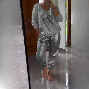 Модные женские костюмы больших размеров Весна и лето Бронзовые топы и брюки Блестящие костюмы Женская одежда XXXXXL белый