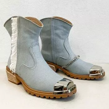 модные женские ковбойские ботильоны с квадратным носком, брендовые высокие каблуки, новые туфли с цепочкой, женские туфли 2025 года, модные туфли-лодочки, зимняя готическая обувь Botas Mujer 34 небесно-голубой